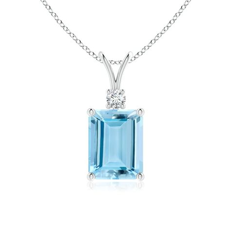 A bold emerald-cut aquamarine framed in a prong setting evokes the beauty of the sky. The diamond accent shines brilliantly along with the azure blue gemstone. A V-bale pendant crafted in 14k white gold to make a sophisticated style statement. Choose from different stone qualities (good, better, best and heirloom) and multiple total carat weight options. Good Better Best, Aquamarine Pendant, Aquamarine Necklace, Aquamarine Jewelry, Azure Blue, Blue Gems, Solitaire Pendant, Pendant Design, Blue Gemstones