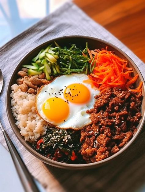 Simplified Beef Bibimbap Bowls Bibimbap Bowl, Korean Recipes, Healthy Food Inspiration, Cooked Carrots, Korean Dishes, Korean Food, Pretty Food, Food Cravings, Aesthetic Food