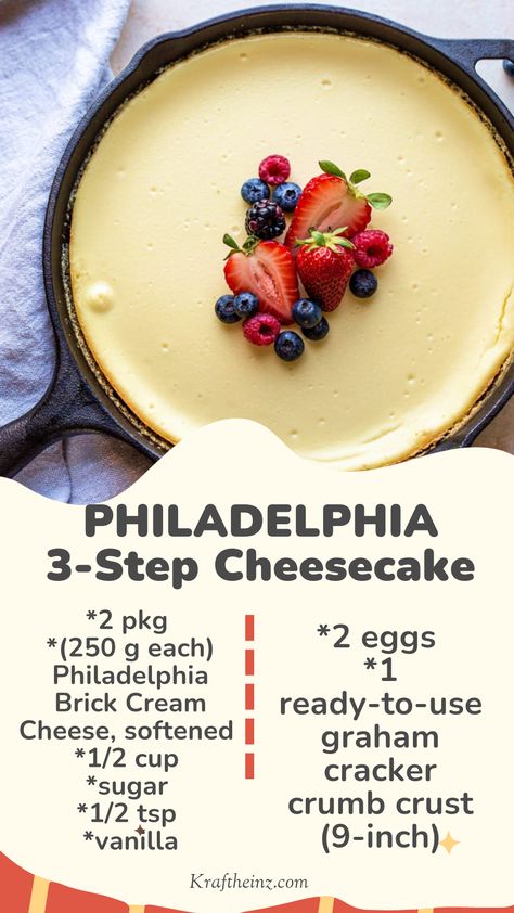 Image of a PHILADELPHIA 3-Step Cheesecake in a graham cracker crumb crust, freshly baked and ready to be chilled, presented on a dessert plate. Cheesecake With Ready Made Crust, 3 Step Cheesecake Philadelphia, Easy Cheesecake Recipes Philadelphia, Cheesecake Recipe With Premade Crust, Cheesecake Recipes Plain, Philadelphia Cream Cheese Cheesecake Recipe, Philadelphia Cream Cheese Cheesecake, Easy Cheesecake Recipes No Bake, Cheesecake Philadelphia