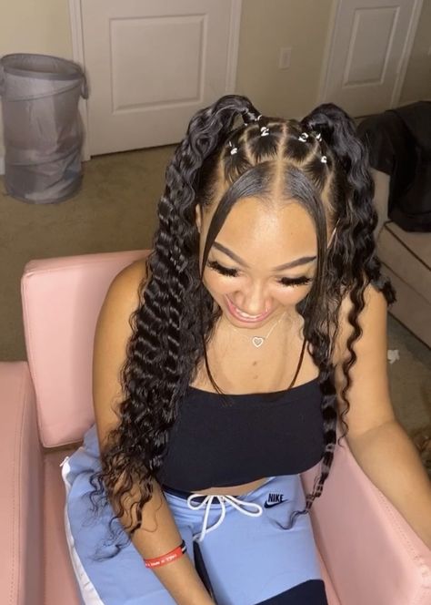 Rubber Band Hairstyles 2 Ponytails, White Hair Hairstyles For Women, Crimped Hairstyles With Braids, Pigtail Weave Hairstyles, Cute Hairstyles With Rubber Bands Curly Hair, Hair Styles Crimped, 21 Birthday Hairstyles For Black Women, Rubber Band Hairstyles Half Up Half Down, Small Crimped Hair