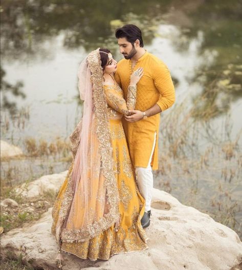 Haldi Couple, Hindu Couple, Haldi Dress For Bride, Romantic Sunset Wedding, Muslim Wedding Photos, Alizeh Shah, Wedding Outfits For Groom, Red Bridal Dress, Engagement Photography Poses