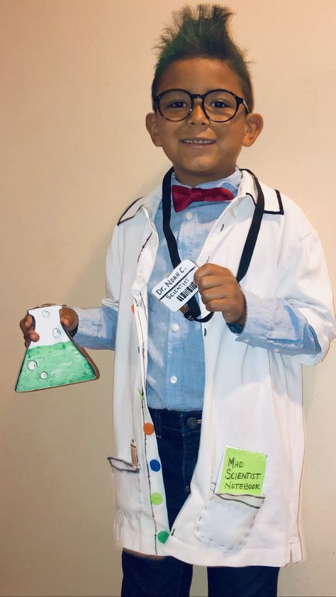 Scientist Occupation Day DIY Scientist Costume Diy, Dress Up As Scientist, Halloween Mad Scientist Costume, Scientist Dress Up For Kids, Mad Scientist Lab Coat Diy, Fancy Dress For Kids, Mad Scientist, Diy Costumes, Fancy Dress