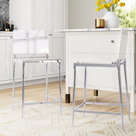 Wayfair | Plastic & Acrylic Counter Height Bar Stools You'll Love in 2022 Lucite Counter Stools, Clear Bar Stools, Acrylic Counter Stools, Mid Century Modern Glam, Gold Bar Stools, Acrylic Bar Stools, Gold Stool, Glam Kitchen, Island Stools