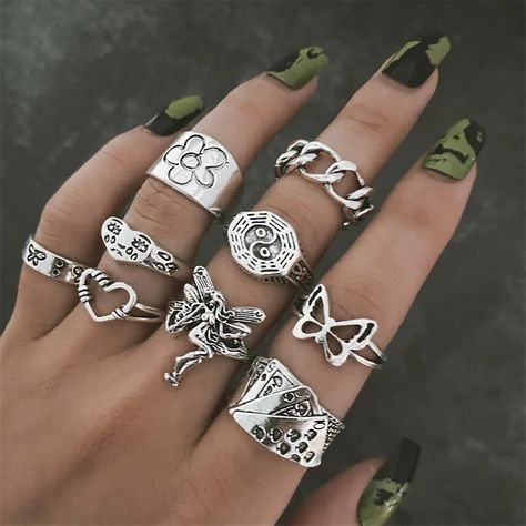 Stackable Rings Set Silver Sterling Silver Ring Set - Etsy Turkey Gothic Butterfly, Gothic Angel, Fairy Ring, Knuckle Rings, Estilo Punk, Vintage Gothic, Finger Rings, Finger Ring, Ring Finger