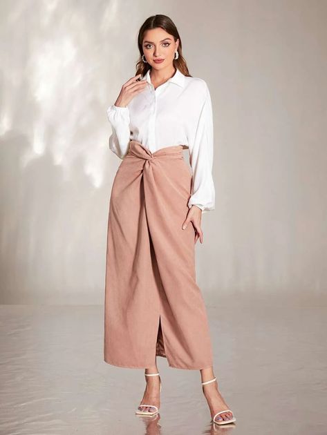 SHEIN Batwing Sleeve Shirt & Twist Front Split Hem Skirt | SHEIN USA Batwing Sleeve Shirt, Split Hem Skirt, Modest Maxi, Hem Skirt, Maxi Skirts, Twist Front, Split Hem, Batwing Sleeve, Two Piece Outfit