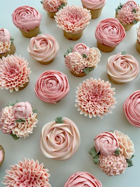 Cupcake Flowers | Blossoms of Sweetness in Every Bite — The Flower Bakeshop Cupcake With Flowers, Flower Cake Pops Ideas, Cupcakes That Look Like Flowers, Boho Flower Cupcakes, Wedding Flower Cupcakes, Floral Cupcakes Simple, Floral Baby Shower Cupcakes, Flower Birthday Cupcakes, Dahlia Cupcakes