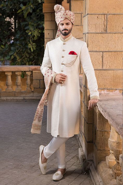 Off White Sherwani Grooms, Groom Stills, Pakistani Attire, Men Wedding Sherwani, Deepak Perwani, Indian Groom Outfit, White Sherwani, Best Smile Quotes, Haldi Outfits