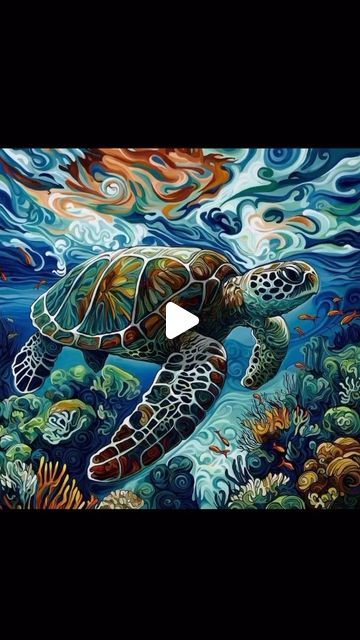 Jeff Dillon Fine Art on Instagram: "My Newest Painting! #274 – “Silent Ocean Explorer” Original Work By @jeffdillonfineart - Size: 30” x 30″  In this tranquil underwater scene, a serene sea turtle, known for migrating thousands of miles in its lifetime through ocean basins and high seas, glides effortlessly through the heart of a vibrant coral reef. The turtle’s graceful motion is captured amidst a kaleidoscope of corals, their colours ranging from the deepest blues to the brightest orange & yellows. Surrounding the sea turtle, a of small school of orange fish, dart back and forth, embodying the bustling life of the reef. Above, gentle waves dance with the light of the sun, casting shimmering patterns onto the ocean seabed, further illuminating the scene with a play of light and shadow. Th Underwater Scenes Painting, Marine Life Painting Underwater, Ocean Explorer, Deep Sea Painting Underwater, Turtle In The Ocean Painting, Wave Dance, Trippy Underwater Art, Orange Fish, Underwater Scene