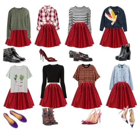 Red Skirt Outfit Casual, Styling Red Skirt, Faldas Rojas Outfit, How To Style Red Skirt, Red Skirt Outfit, Red Skirt Outfits, Casual Office Fashion, 50s Outfits, Skirt Inspiration