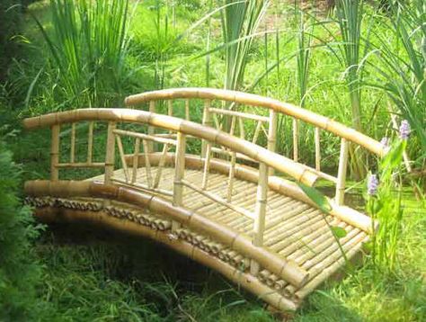 Tiki Bamboo bridge Cedar Garden Bridge, Garden Bridge Design, Bamboo Bridge, Bamboo Furniture Diy, Bamboo Diy, Bamboo Building, Bamboo House Design, Bamboo Structure, Bamboo Architecture