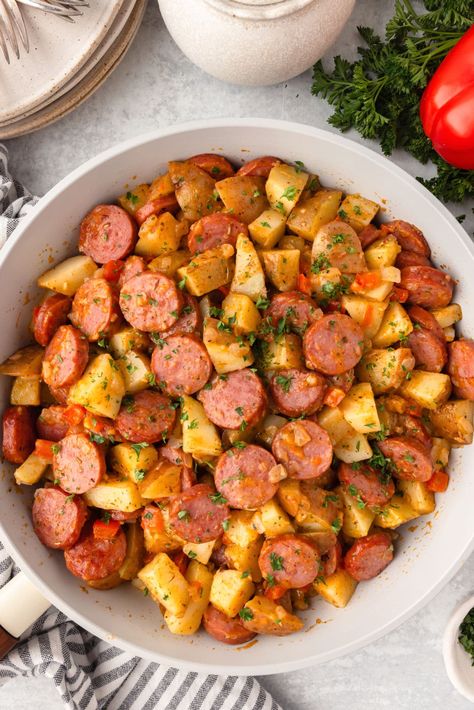 Sausage Potato Skillet - Cook Dinner Tonight Sausage Veggie Skillet, Sausage Potato Skillet, Italian Sausage And Potatoes, Chicken Sausage Skillet, Sausage Breakfast Skillet, Crockpot Sausage And Potatoes, Farmer Sausage, Sausage And Potatoes Skillet, Sausage And Potato Bake