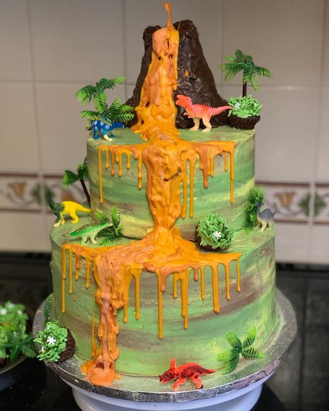 Two Tier Dinosaur Cake Birthday, Dinosaur Lava Cake, Bailey Cake, Volcano Birthday Cake, Dinosaur Volcano Cake, Dinosaur Birthday Party Cake, Chocolate Volcano Cake, The Good Dinosaur Cake, Cake With Strawberry Jam