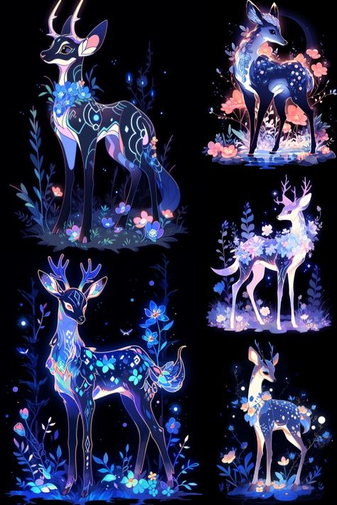 Mythical Woodland Creatures, Mythical Deer Creatures, Magical Deer Art, Crystal Animals Art, Magical Forest Animals, Fantasy Animal Concept Art, Deer Art Drawing, Mythical Deer, Purple Creature