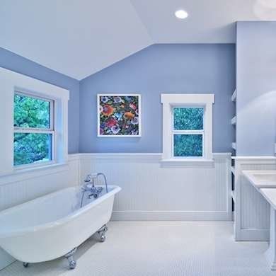 Blue Bathroom Cornflower Blue Bathroom, Bathroom Paint Color Ideas, Bathroom Colors Blue, Bathroom Paint Color, Tub Paint, Best Bathroom Paint Colors, All White Bathroom, Paint Color Ideas, Bathroom Paint