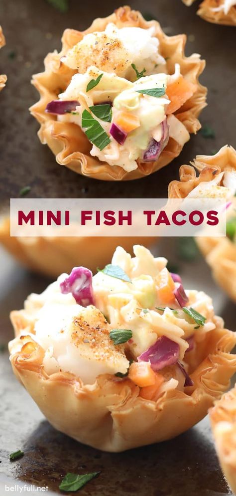 Served as an appetizer in mini fillo shells, these Mini Fish Tacos will be a hit at your next get together! The fish is baked, not fried, for a healthier version. #fishtacos #fishtacoshealthy #fishtacoswithcabbageslaw Appetizers With Seafood, Fish Themed Appetizers, Fish Appetizers Parties, Cold Fish Appetizers, Tilapia Appetizers, Fish Hors D’oeuvres, Fish Brunch Ideas, White Fish Appetizers, Fish Bites Appetizers