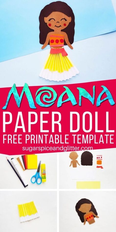 A super simple Disney craft for kids, this Moana Paper Doll can be used to make your own puppets or add to a pretty Moana birthday card. Use our free printable template to make your own! Moana Activities For Kids, Moana Activities, Moana Craft, Hei Hei Moana, Moana Crafts, Disney Crafts For Kids, Disney Craft, Festa Moana Baby, Disney Activities