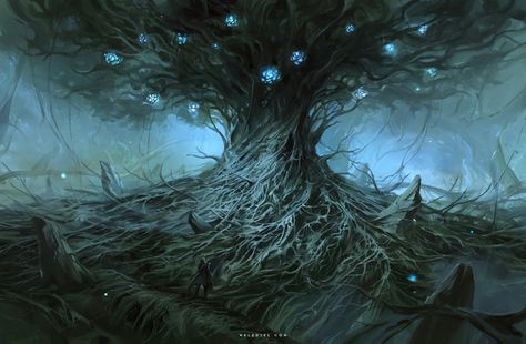 Ancient Tree, Nele Diel on ArtStation at https://www.artstation.com/artwork/BJQwA Fantasy Tree, Dark Tree, Relaxing Art, 다크 판타지, Ancient Tree, Fantasy Images, Fantasy Setting, Fantasy Places, High Fantasy