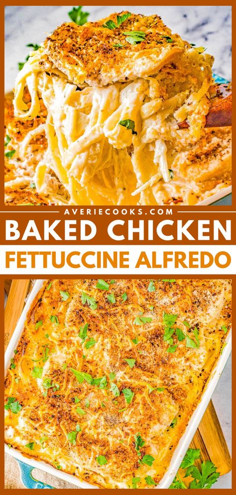 Homemade Baked Chicken Alfredo - Averie Cooks Baked Chicken Fettucini Alfredo, Chicken Fettuccine Casserole, Fettuccini Alfredo Bake, Baked Chicken Fettuccine Alfredo Recipe, Fettuccine Noodle Recipes, Baked Fettuccine Alfredo, Chicken Fettuccine Alfredo Casserole, Baked Chicken Fettuccine Alfredo, Fettucini Alfredo Bake