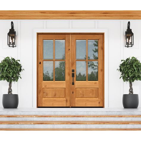 Double Wood Front Doors, Double Front Entry Doors, Double Door Entryway, French Front Doors, Wood French Doors, Double Doors Exterior, Fiberglass Front Door, Craftsman Door, French Doors Exterior