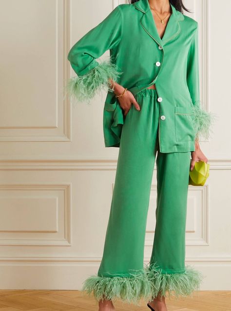 Feather Pjs, Green Feather, Beach Wedding Guest Dress, Pajama Fashion, Luxury Women Fashion, Green Outfit, Designer Lingerie, Top Designer Brands, Lingerie Sleepwear