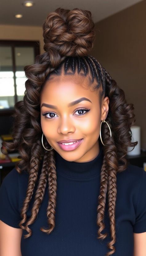 Combining a high bun with defined braids creates a chic and bold look. I love how the braids add texture while the bun provides volume and enhances my curls. It’s perfect for a polished appearance! 🌟 #DefinedCurlsHighBunDefinedBraids #ChicStyle Goddess Braid Bun, Goddess Braid, Black Hair Bun, Braid Bun, The Bun, High Bun, Bun Hairstyle, Defined Curls, Braided Bun