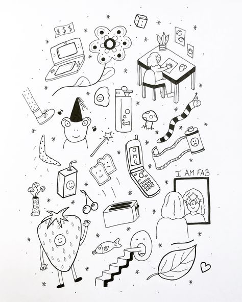 Tattoo flash sheet, designs, drawing, funny, small, animals, art, stick and poke, hand poke Stick N Poke Flash Sheet, Doodle Flash Art, Weird Stick And Poke Tattoo, Flash Stick And Poke, Colored Stick And Poke Tattoo, Hand Poke Flash, Stick N Poke Designs, Cute Tattoo Flash Sheet, Color Stick And Poke Tattoo