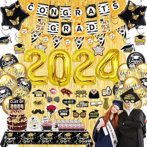 Lutoys 145 Pack Graduation Decorations Class of 2024, Black Gold Graduation Decor Party Supplies with Congrats Grad Banners, Curtian Props, Balloons, Tablecloth, Hanging Swirls, Cupcake Toppers, Sash Grad Banner, 2024 Graduation, Kids Gift Guide, Congrats Grad, Class Of 2024, Graduation Decorations, Gift List, Toys Shop, Cupcake Toppers