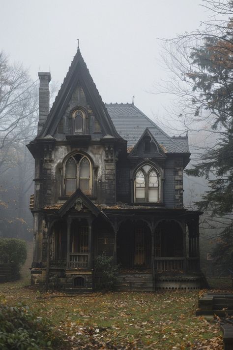 12 Gothic Farmhouse Designs That Exude Charm and Character! - My Decor Inspo Haunted Interior Design, Gothic House Blueprint, Victorian Gothic Cottage, Brick Gothic Architecture, Midwestern Gothic House, Gothic Cottage Aesthetic, Cathedral House Exterior, Gothic Mediterranean House, Gothic Home Plans