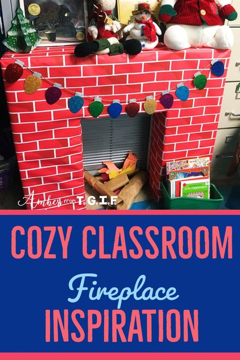 Try this mini classroom transformation this winter!  Make a classroom fireplace to encourage your students to read while being all comfy in front of the fireplace and display all those winter knick-knacks you have received from your students over the years!  Easy, step by step directions and lots of pictures will have you setting up your own classroom fireplace in no time! Fireplace For Classroom, Classroom Fireplace, Cozy Classroom, Winter Classroom Decorations, Fireplace Inspiration, Cardboard Fireplace, Calm Corner, Holiday Classroom, Winter Classroom