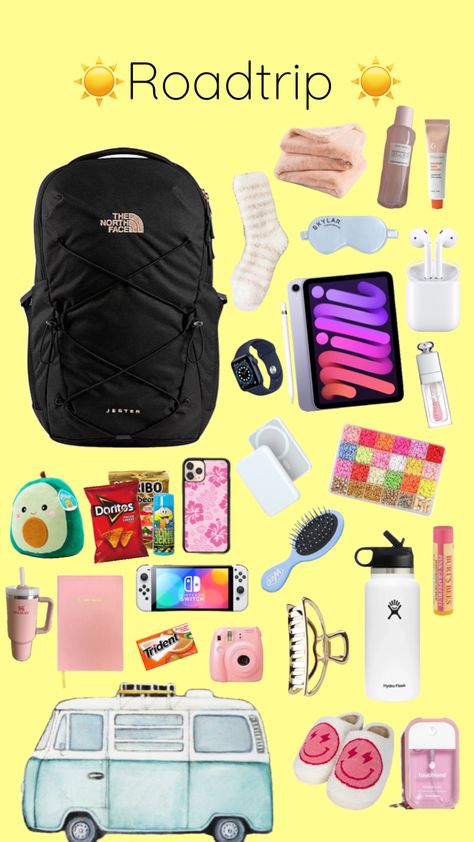 Road trip Essentials ❤️🤪👍💖😘🚗#essentials #roadtripaesthetic #roadtrip #roadtripessentials Comfy Travel Outfit Summer Road Trips, Travel Outfit Summer Road Trips, Road Trip Necessities, Trip Essentials Packing Lists, Travel Backpack Essentials, Summer Road Trip Essentials, Road Trip Bag, Road Trip Kit, Preppy Travel