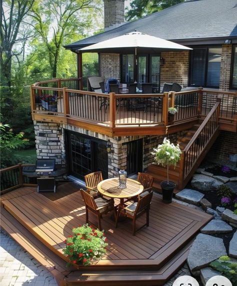 Double Deck Patio, Decks Off Back Of House, Raised Ranch Deck Ideas, Houses With Decks, Lower Deck Patio Ideas, Upper Deck Ideas Second Story, Multi Tiered Deck, Two Tier Deck Ideas, Deck With Patio Underneath