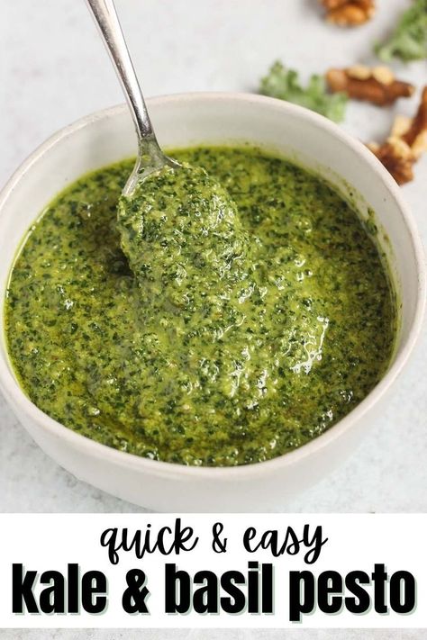 Healthy Pesto Sauce, Easy Pesto Sauce, Vegan Pesto Sauce, Paleo Pesto, Dairy Free Dressing, Kale Pesto Recipe, Dairy Free Pesto, Healthy Pesto, Basil Pesto Recipes