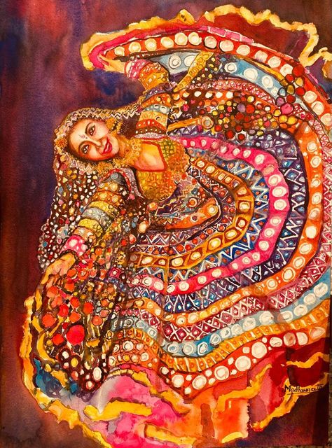 The vibrant colours, sparkling small mirrors clamouring for attention, bright pompoms and the joy and grace of the dancing lady is mesmerising. Let it be a befitting tribute to all the graceful ladies, full of joy and enthusiasm, rhythm and balance practising and dancing together in unison the beautiful Ghoomer dance.👩‍🎨🎨 Follow @madhumeetabanerjee #ghoomar #baisa #rajputana #baisaraj #rajasthan #jaipur #rajasthani #jodhpur #banna #rajput #bannabaisa #udaipur #jaisalmer #rajputi #poshak #c Colour Full Drawing Ideas, Rajasthan Painting, Rajasthani Dance, Rajasthani Painting, Dancing Together, Rajasthan Jaipur, Dance Background, Watercolor Art Face, Ganesh Art Paintings