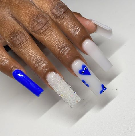 SHITZBYTANYA | LA NAIL TECH on Instagram: “👀💙 • • • • • #reels #nails #acrylicnails #squareshape #longnails #milkywhite #white #pixiecrystals” Blue Heart Nails, Acrylic Nails Yellow, Ball Outfits, Nail Options, Birthday Nail, Birthday 2023, Classy Acrylic, Acrylic Ideas, 15 Birthday