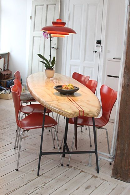 Surfboard dinner table. #3: Surfboard dinner table - making my own wave. - by mafe @ LumberJocks.com ~ woodworking community Diy Surfboard Table, Surfboard Dining Table, Surf Board Bar, Surfboard Desk, Surfboard Room Decor, Surf Table, Surf Board Decor, Dinner Table Diy, Surfboard Table