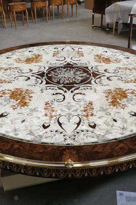 Ornate Mother of Pearl tables have become a hit recently. This design uses tessellation to create a seamless white mother of pearl background. Tinted Shell veneers are added as an ornate accent on top. Mother Of Pearl Table, Pearl Background, Mother Of Pearl, Interior Decorating, Shells, White, Design