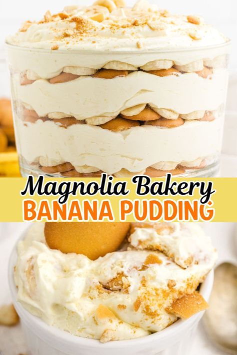 Forget the Magnolia bakery lines! This Copycat Magnolia Bakery Banana Pudding recreates the iconic dessert right in your own kitchen. Layers of creamy pudding, sliced bananas, and a satisfying crunch from vanilla wafers – it's pure nostalgic bliss. Over 600,000 recipe views and 100  5-star reviews! We've tested and perfected it so you can be confident it'll be a hit! #magnoliabakery #bananapudding #viral #easydessert #banana Classic Banana Pudding, Bananas Pudding, The Best Banana Pudding Ever, Chocolate Chip Banana Pudding, Vanilla Wafer Desserts, Fall Banana Pudding, Sweets Homemade, Joanna Gaines Banana Pudding, The Best Banana Pudding Recipe