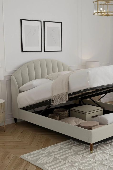 Single Bed Design Modern With Storage, Minimalist Bedroom Beds & Frames, Single Bed Ideas, Stella Bed, Beige Bed Frame, Panelled Headboard, Beds Uk, Storage Bed Frame, Sofa Style