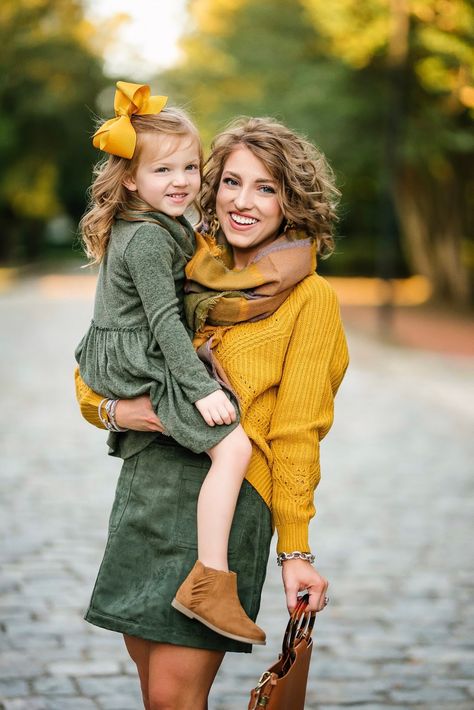 Mommy & Me in Mustard Yellow & Olive Green for Fall - Something Delightful Blog Fall Photoshoot Family, Mustard Yellow Sweater, Mom And Daughter Matching, Family Photoshoot Outfits, Mother Daughter Outfits, Faux Suede Skirt, Fall Family Pictures, Family Picture Outfits, Colors Palette