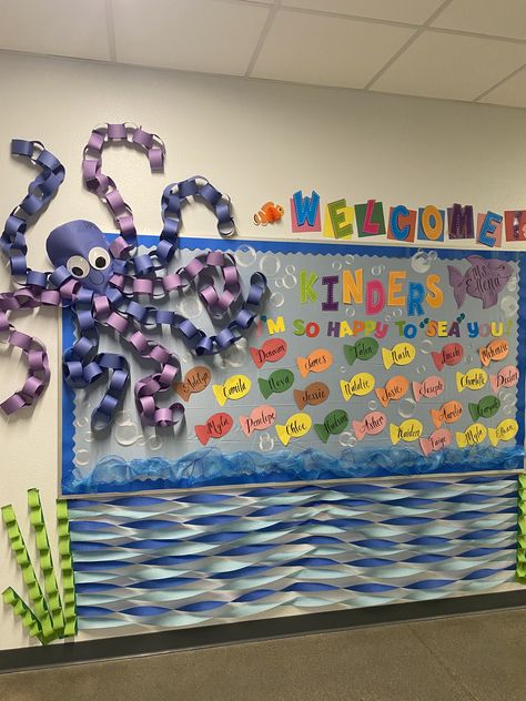 Ocean Themed Library Display, Ocean Themes Classroom, Under The Sea Boards Preschool, Under The Sea Theme Preschool Decoration, Classroom Decor Sea Theme, Water Theme Bulletin Board Preschool, Water Decorations Classroom, Under The Sea Daycare Room, Under The Sea Kindergarten Classroom