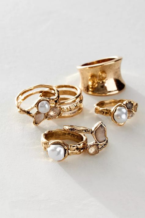 Bay Side Ring Set | Free People Bold Jewelry, Gold And Silver Rings, Gold Ring Sets, Jewelry Essentials, Stacked Jewelry, Jewelry Lookbook, Metal Band, Jewelry Inspo, Gold Pearl