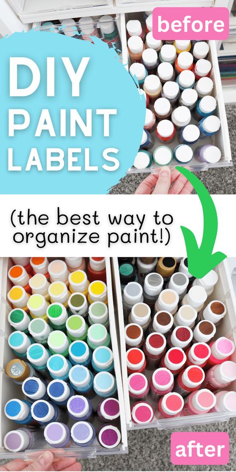 DIY paint labels to organize paint Craft Room Supplies, Painter Organization, Craft Paint Organization Easy Diy, Craft Paint Storage Ideas Diy, Acrylic Paint Organization Diy, Organizing Acrylic Paint Bottles, How To Store Acrylic Paint Bottles, Acrylic Paint Storage Diy, Paint Holder Diy Craft Rooms