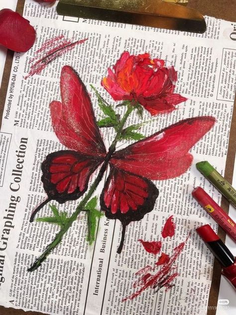 Red Butterfly Painting, Butterfly Oil Pastel Drawing, Painting Ideas On Canvas Butterfly, Oil Pastel Butterfly, Crayon Art Aesthetic, Visual Wallpaper, Butterfly Paintings, Red Drawing, Red Mood