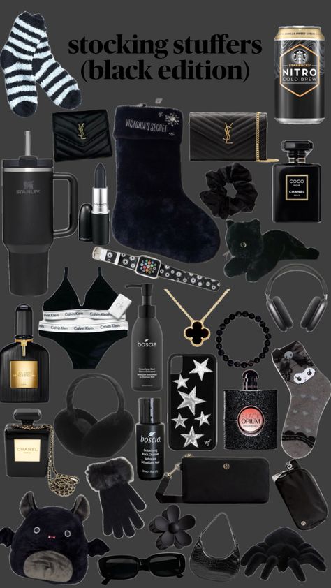 black stocking stuffers #fashion #winter #christmas #aesthetic Winter Christmas Aesthetic, Stockings Aesthetic, Black Cat Aesthetic, Black Stocking, Aesthetic Shuffles, Best Gift Baskets, Creepy Christmas, Birthday Fits, The Glow Up