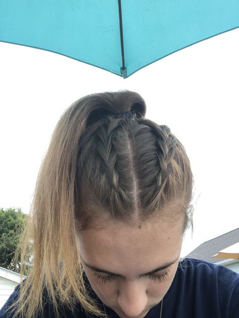 2 French Braids Into Ponytail Hairstyles, Two Braids And A Ponytail, To Braids Into A Ponytail, Plait Into Ponytail, Ponytail With Braids On Top, 2 Braids Going Into A Ponytail, 2 Braids Into High Ponytail, French Braid High Ponytail, Small Braids Into Ponytail