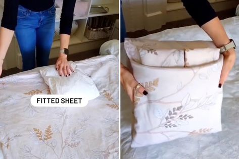 Fold Fitted Sheet With Pocket, Sheet And Comforter Storage, Flat Sheet Folding Hack, Folding Fitted Sheets With Pocket, Sheet Set Storage, Bed Sheets Storage Ideas, Sheet Set Organization, Folding Sheet Sets Together, How To Store Bedding