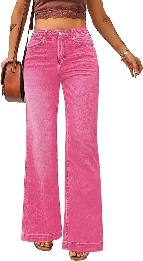 These stretchy work pants for women are made from denim fabric that enough stretch for everyday comfort. This pair of women's jeans features a high waist, zip fly and button closure, five-pocket design, and a wide leg. Hot pink wide leg pants for women, our flare pants for women in a wide leg silhouette. Baggy Flare Jeans, Pink Wide Leg Pants, Work Pants For Women, Wide Leg Jeans For Women, Light Pink Pants, Pink Jeans, Pink Pants, Jeans Light, Jeans For Women