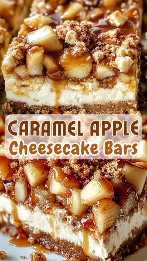 Easy Dessert Recipes to Impress: Caramel Apple Cheesecake Bars Easy Freezer Desserts, Carmel Apple Cheesecake Bar, Xmas Desserts Ideas Simple, Large Crowd Desserts, Dessert Bars For A Crowd, Apple Deserts Ideas, Sheet Pan Desserts For A Crowd, Dessert For A Crowd Easy, Make Ahead Desserts For A Crowd