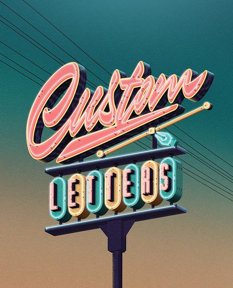 Custom Lettering Love by Jonathan Ortiz Retro Signs Vintage, Sign Lettering Fonts, Retro Signage, Bright Color Palette, Inspiration Illustration, 3d Lettering, Neon Words, Typography Artwork, His Style