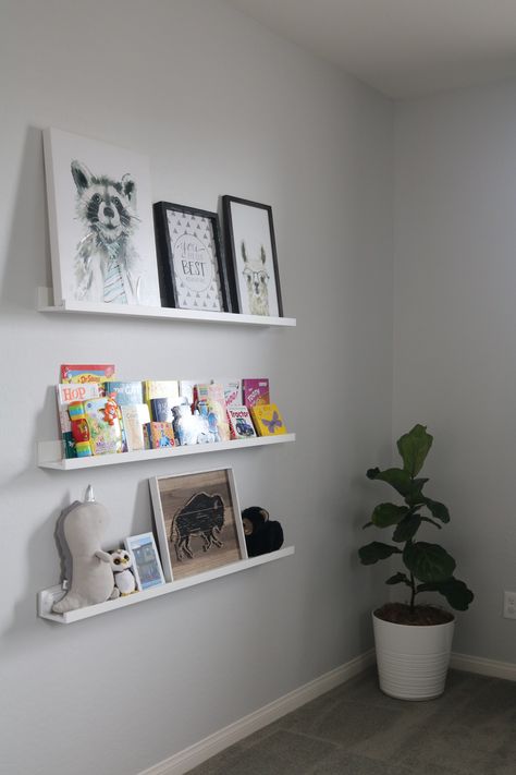 Ikea Picture Ledge Nursery, Ikea Picture Ledge Bookshelf, Nursery Picture Ledge, Picture Ledge Nursery, Ikea Picture Ledge Ideas, Ikea Photo Ledge, Nursery Shelving, Nursery Books, Ikea Picture Ledge